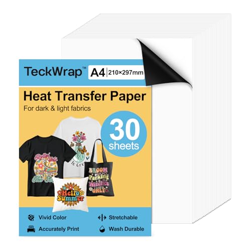 TECKWRAP Bedruckbares Wärmetransferpapier für T-Shirts, 30 Blatt, 21,1 x 29,7 cm, bedruckbares Wärmetransfer-Vinyl für Tintenstrahldrucker, Transferpapier zum Aufbügeln für helle und dunkle Stoffe von TECKWRAP