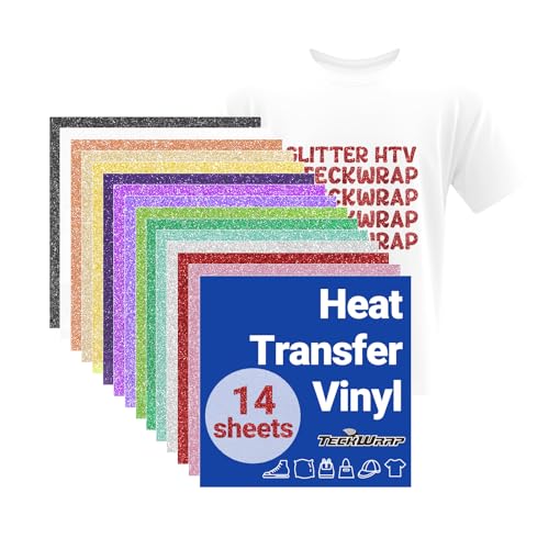 TECKWRAP Glitzer-Wärmetransfer-Vinylbögen, 14 verschiedene 30,5 x 30,5 cm, Glitzer-HTV-Blätter für T-Shirts, Taschen und mehr, Glitzer-Vinyl zum Aufbügeln, geeignet für die meisten Schneidemaschinen, von TECKWRAP