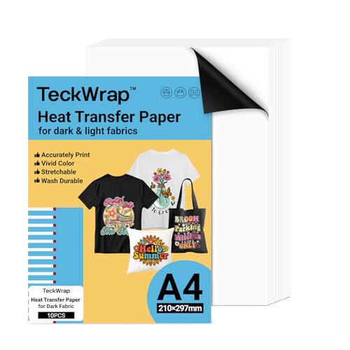 TECKWRAP Premium Inkjet-T-Shirt-Wärmetransferpapier, A4 x 10 Blatt, für dunkle oder helle Stoffe, zum Aufbügeln, Transferpapier, 210 mm x 297 mm, bedruckbares Transferpapier, kompatibel mit von TECKWRAP