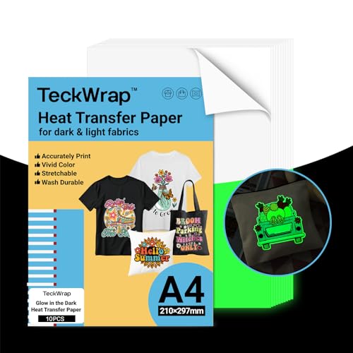 TECKWRAP Wärmetransferpapier, leuchtet im Dunkeln, A4, für dunkle oder helle Stoffe, zum Aufbügeln auf T-Shirts, Transferpapier, 210 mm x 297 mm, bedruckbares Transferpapier, kompatibel mit von TECKWRAP