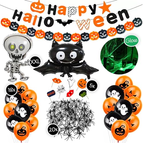 Hochwertiges Deko Set für Halloween zum Gruseln | Girlande +5 Foto-Requisiten + 2 XXL Grusel-Folienluftballons + 18 Luftballons mit Motiven + 20 Plastik Spinnen Tischdeko + Leucht-Spinnennetz von TEDORU