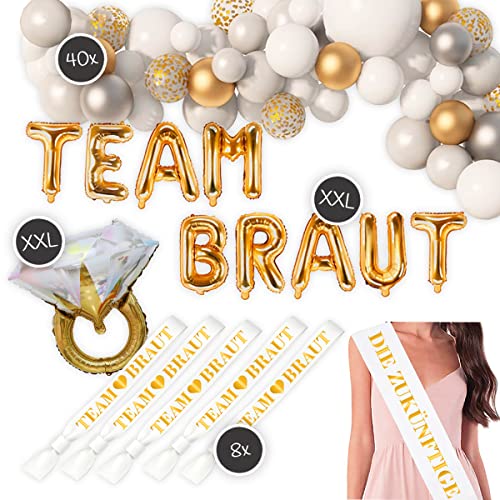 XXL Deko-Set zum Junggesellenabschied in Weiß/Gold | XXL Ballons "Team Braut", Luftballons, XXL Ring-Folienluftballon, Armbänder, Schärpe von TEDORU