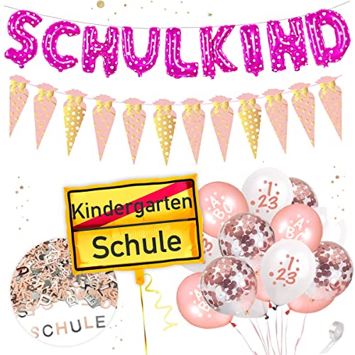 XXL Deko Set zur Einschulung/Schulanfang/Erster Schultag für Mädchen | Girlande + XXL Folienluftballons + 25 Luftballons + Buchstaben-Konfetti von TEDORU