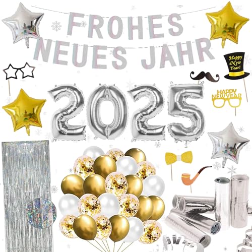 XXL Silvester Deko Set 2025 – XXL “FROHES NEUES JAHR” Girlande, Luftballons, Fotorequisiten, Folienluftballons, Lametta-Vorhang, Luftschlangen von TEDORU