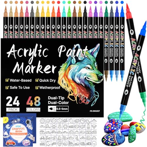 TEGOVE Acrylstifte für Steine Wasserfest,48 Farben Acrylic Paint Marker,Stifte Steine Bemalen Wasserfest,Steine Bemalen Stifte für Glas,Holz,Basteln Ostern und Weihnachten Acrylfarben Stifte von TEGOVE