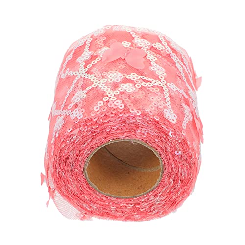 TEHAUX 1 Rolle Tüllband gehäkelte Spitzenborte Schuhe machen Spitzenbesatz aus Baumwolle Stoffspule Tüll seidenband ribbon Bastelband nähen besticktes Paillettenband Polyester Rosy von TEHAUX