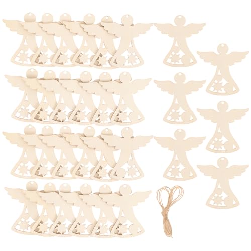 TEHAUX 30 Stück Winkel-Holzausschnitte, unfertige Holzscheiben, leere Engel-Hängeornamente aus heiligem Holz mit Lochseilen für Weihnachtsdekorationen zum Selbermachen von TEHAUX