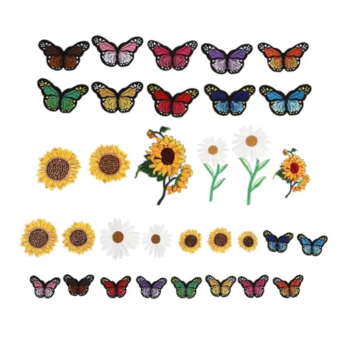 TEHAUX 33st Aufkleber Patches Aufnähen Aufnäher Mit Blumenstickerei Gestickte Aufnäher Sonnenblumen Dekor Diy Schmetterlinge Patch Sonnenblumenhose Gestickte Blumen Stoff von TEHAUX