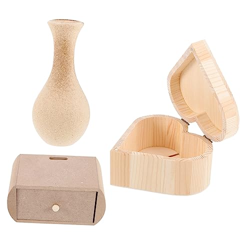 TEHAUX 3Stücke Holz Schmuckschachtel DIY Holzvase Und Aufbewahrungsbox Für Kinderhandwerk Herzform Vase Und Rechteckige Box Für Kreative Bastelprojekte Und Dekoration von TEHAUX