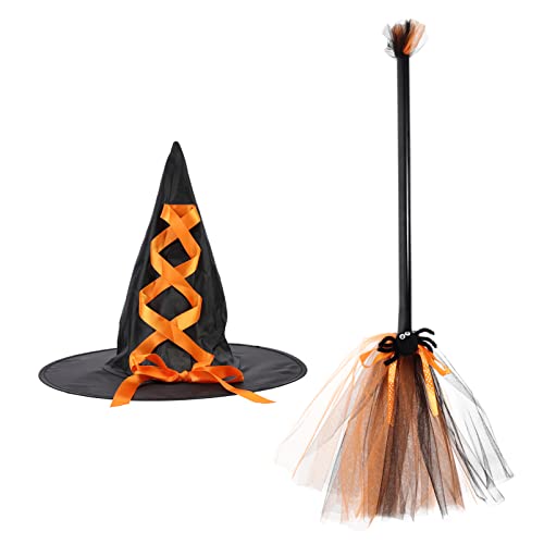 TEHAUX Halloween- -Besenhut-Set Halloween-Kostümzubehör Halloween-Hexenhut Fliegende Besenstiel Cosplay-Requisiten Für Halloween-Party-Dekoration Orange von TEHAUX