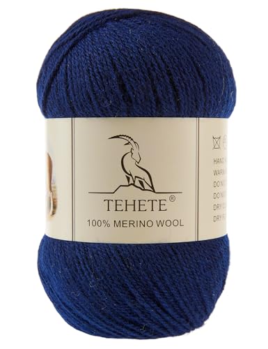 TEHETE 100 % Merinowolle, Garn zum Stricken, 3-lagig, luxuriös, warm, weich, leicht, Häkelgarn (Marineblau, 1 Knäuel) von TEHETE