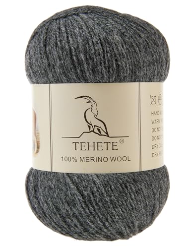 TEHETE 100 % Merinowolle, Garn zum Stricken, 3-lagig, luxuriöses, warmes, weiches, leichtes Häkelgarn (Dunkelgrau, 1 Knäuel) von TEHETE