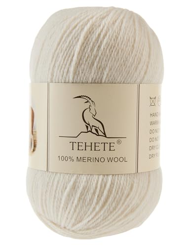 TEHETE 100 % Merinowolle, Garn zum Stricken, 3-lagig, luxuriöses, warmes, weiches, leichtes Häkelgarn (Weiß, 1 Knäuel) von TEHETE