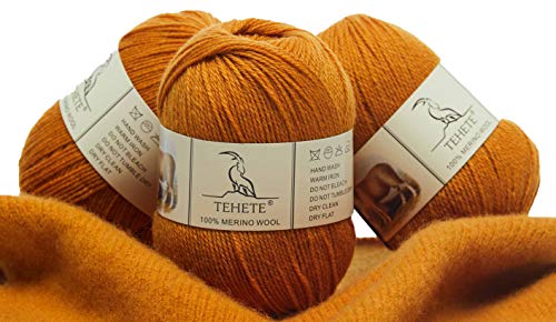 TEHETE 100% Merinowolle Garn zum Stricken, 50g x 3 Bälle Häkelgarn Schurwolle, 250 Metern 3-fädig,weich und seidig,Ingwer gelb von TEHETE