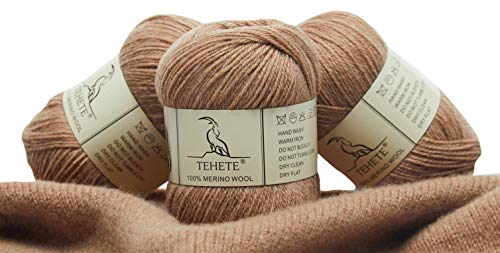 TEHETE 100% Merinowolle Garn zum Stricken, 50g x 3 Bälle Häkelgarn Schurwolle, 250 Metern 3-fädig,weich und seidig,Khaki von TEHETE