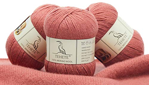 TEHETE 100% Merinowolle Garn zum Stricken, 50g x 3 Bälle Häkelgarn Schurwolle, 250 Metern 3-fädig,weich und seidig,Rosa von TEHETE