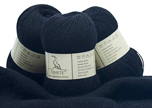 TEHETE 100% Merinowolle Garn zum Stricken, 50g x 3 Bälle Häkelgarn Schurwolle, 250 Metern 3-fädig,weich und seidig,Schwarz von TEHETE