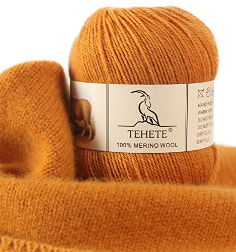 TEHETE 100% Merinowolle Garn zum Stricken, Häkelgarn Schurwolle, 250 Metern 3-fädig 50g per Knäuel,weich und seidig,Ingwer gelb von TEHETE