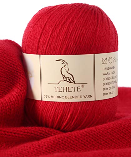 TEHETE Merinowolle Garn zum Stricken und häkeln, Handstrickgarn Schurwolle, 250 Metern 3 Fäden 50g per Knäuel,weich und leicht,Rot von TEHETE