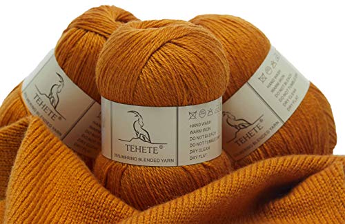 TEHETE Wolle zum Stricken und 35% Merinowolle Handstrickgarn, 3 Bälle x 50g, weich und leicht-Ingwer gelb von TEHETE