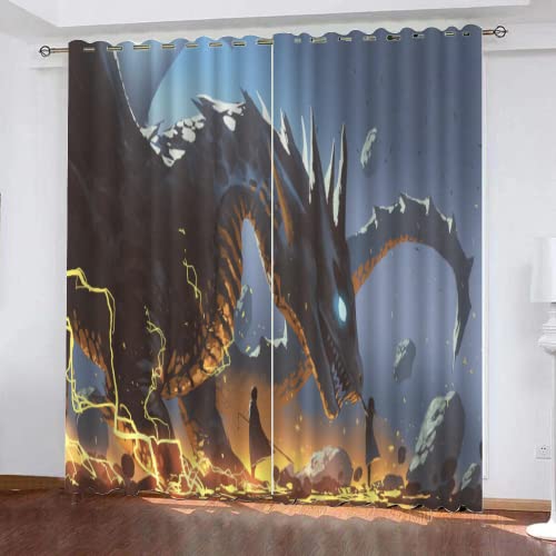 Cartoon-Feuer-Drachen-Monster Vorhang Wärmeisolierend Spiel Schwarzer Drache Blickdichte Gardinen 2Er Set, Thermo Vorhänge Für Schlafzimmer Wohnzimmer Kinderzimmer Küche Fensterdekoration (300x270 cm) von TEMLAN