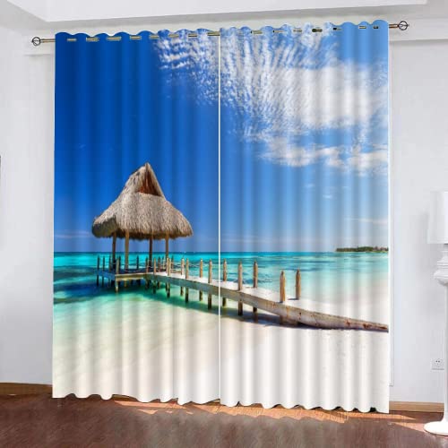 Holzhauslandschaft Am Meer Verdunklungsvorhänge Strand Ozeanlandschaft Blickdichte Gardinen 2Er Set, Thermo Vorhänge Für Schlafzimmer Wohnzimmer Kinderzimmer Küche Fensterdekoration (117 x 137cm) von TEMLAN