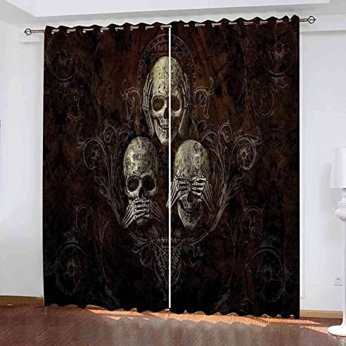 TEMLAN Blickdichter Vorhang Mit Ösen Horrorschädel Schwarzer Hintergrund 2 Stück Verdunkelungsvorhang,Gardinen, Polyester für Schlafzimmer, Kinderzimmer, Wohnzimmer Dekoration 140 x 160 cm (B x H) von TEMLAN