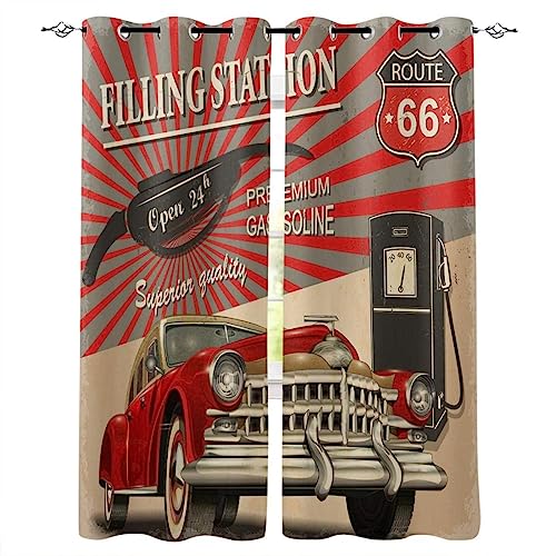 TEMLAN US Route 66 2Er Set Verdunkelungsvorhang Retro-Autotankstelle Vorhang Blickdicht Vorhänge für Wohnkultur für Zimmer/Büro Schlafzimmer (260 x 240 cm) von TEMLAN