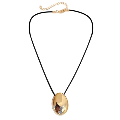 TEMOOUES Halskette mit ovalen Metallperlen, geometrischer Anhänger, Schlüsselbeinkette, Ornament, einzigartiges PU-Lederband, Choker, modisches Accessoire von TEMOOUES