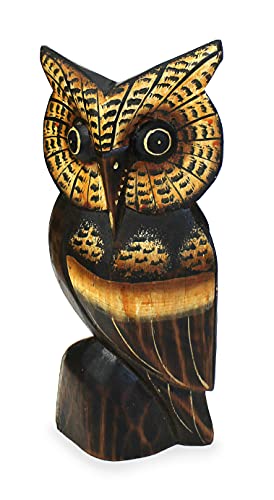 Deko Figur Eule Athene 20 cm, Holz braun beige, Holzfigur Holzeule Kautz Uhu Kunsthandwerk aus Bali handgefertigt Unikat von TEMPELWELT