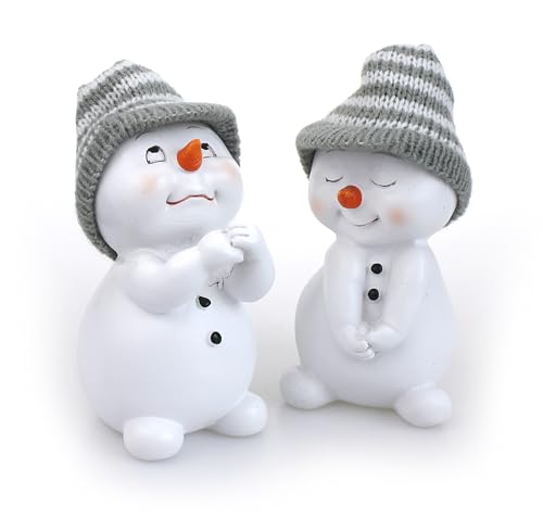 TEMPELWELT 2X Deko Figur Schneemann im Set je 11 cm, Keramik weiß, Wintermütze Textil Wolle grau, Keramikfigur Dekofigur Winter Weihnachten Advent Dekoration [Typ A] von TEMPELWELT