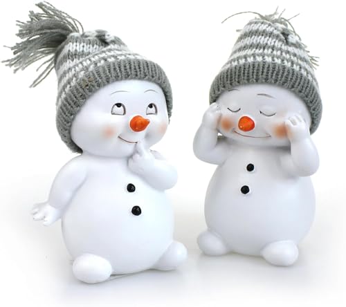 TEMPELWELT 2X Deko Figur Schneemann im Set je 11 cm, Keramik weiß, Wintermütze Textil Wolle grau, Keramikfigur Dekofigur Winter Weihnachten von TEMPELWELT