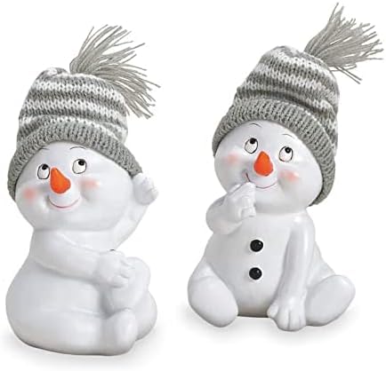 TEMPELWELT 2X Deko Figur Schneemann sitzend im Set 11 cm, Polystein Weiß, Wintermütze Textil Wolle rot, Schneemänner Winterdeko Weihnachtsdeko von TEMPELWELT