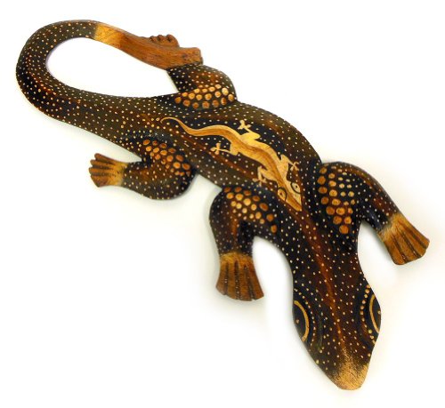 TEMPELWELT Deko Figur Wanddekoration Gecko Manis braun aus Albesia Holz punktbemalt dotpainting, 30cm lang, Holzfigur Wandfigur Echse Kunsthandwerk aus Bali handgefertigt von TEMPELWELT