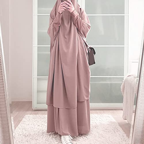 TENCOCO Damen 2-teiliges Gebetskleid, Langarm, Hijab, Khimar, Rock, Kaftan, Weinrot von TENCOCO