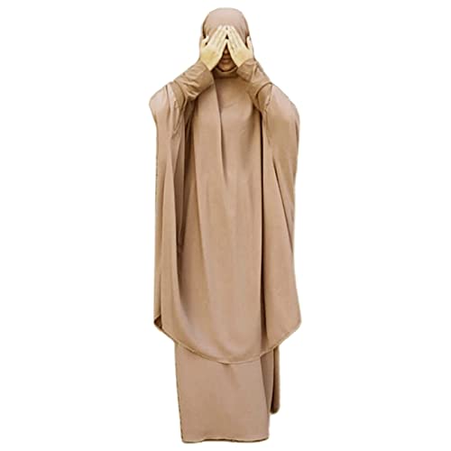 TENCOCO Damen 2-teiliges Gebetskleid, Langarm, Hijab, Khimar, Rock, Set, Kaftan, Khaki von TENCOCO