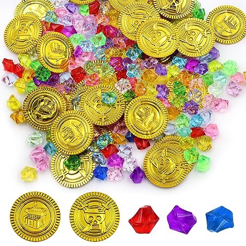 GETRICH 260 Stück Goldmünzen Piratenschatz Set 200Pcs Edelsteine für Kkinder und 60Pcs Goldmünzen Kinder Goldtaler Schatzsuche Piratenschatz Kindergeburtstag für Schatzkiste Spiele Piratenparty von TENG-store