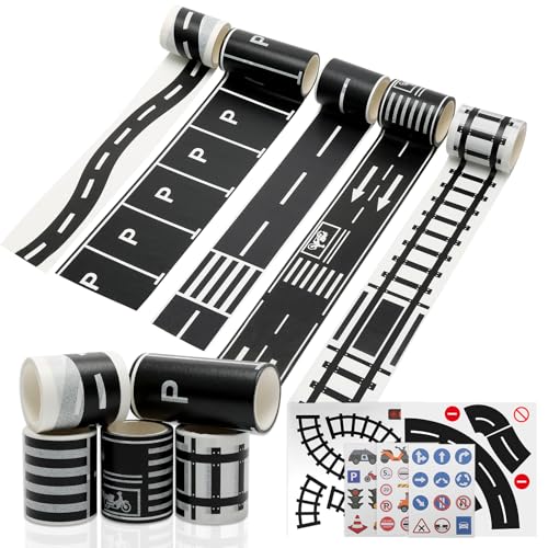 TENTHPEO 10 Stück Straße Washi Tape, Spur Straßenband Eisenbahn Straße Klebeband mit Verkehrszeichen Aufkleber, Verkehrsschilder Aufkleber DIY Autobahn Tape von TENTHPEO