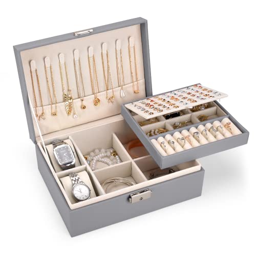 TENXSNUG Schmuckkästchen Mädchen Damen Groß, 2 Schicht Schmuckaufbewahrung Schmuckschatulle mit PU-Leder, Lbschließbar Schmuckbox Schmuck Organizer für Ringe Ohrringe Halskette Betrachten, Grau von TENXSNUG