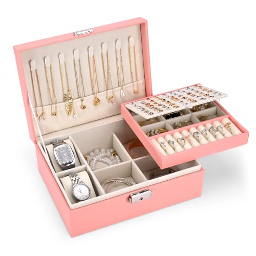 TENXSNUG Schmuckkästchen Mädchen Damen Groß, 2 Schicht Schmuckaufbewahrung Schmuckschatulle mit PU-Leder, Lbschließbar Schmuckbox Schmuck Organizer für Ringe Ohrringe Halskette Betrachten, Rosa von TENXSNUG