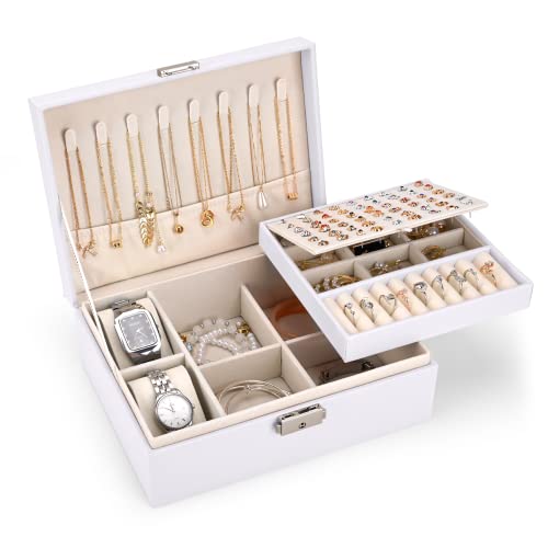 TENXSNUG Schmuckkästchen Mädchen Damen Groß, 2 Schicht Schmuckaufbewahrung Schmuckschatulle mit PU-Leder, Lbschließbar Schmuckbox Schmuck Organizer für Ringe Ohrringe Halskette Betrachten, Weiss von TENXSNUG