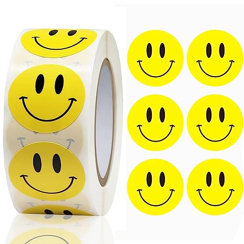 TERJBG 500 Stück Smiley Aufkleber Rolle, Glitzer Sticker Aufkleber für Kinderbelohnung in Schule Klassenzimmer Selbstklebend, Runde Happy Smiley Sticker für Lehrer von TERJBG