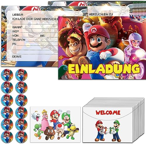 Einladungskarten Geburtstag für Super Mario 12er-Set, Einladungskarten Kindergeburtstag für Super Mario die Party, Umschlägen und Aufklebern, Einladungskarten Kindergeburtstag für Mädchen Jungen von TERJBG