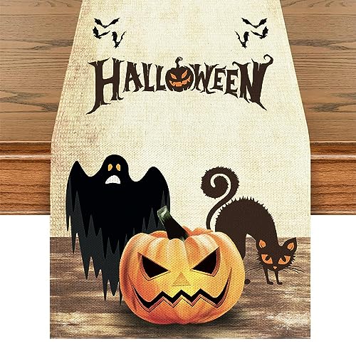 TERJBG Katze Geist Kürbisse Halloween Tischwäsche, 40x140cm Halloween Tischdecke, Küche Dekoration drinnen draußen Urlaub Party Wohnzimmer Dekor von TERJBG