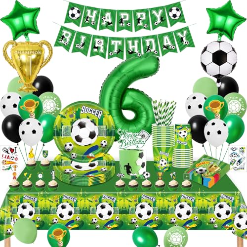 Fussball Geburtstag Deko 6 Jahre, Fussball Partygeschirr Set, Geburtstagsdeko 6 Jahre Junge, Fußball Luftballons Pappteller Tassen Servietten Tischdecke für Party Kindergeburtstag Deko 16 Gäste von TERLUNNSI