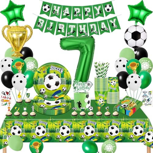 Fussball Geburtstag Deko 7 Jahre, Fussball Partygeschirr Set, Geburtstagsdeko 7 Jahre Junge, Fußball Luftballons Pappteller Tassen Servietten Tischdecke für Party Kindergeburtstag Deko 16 Gäste von TERLUNNSI