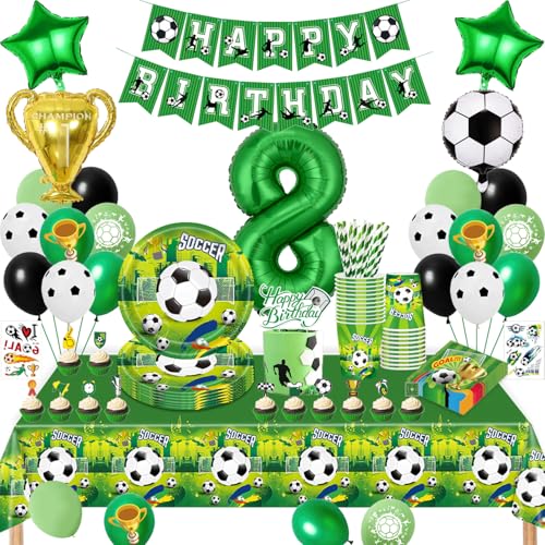 Fussball Geburtstag Deko 8 Jahre, Fussball Partygeschirr Set, Geburtstagsdeko 8 Jahre Junge, Fußball Luftballons Pappteller Tassen Servietten Tischdecke für Party Kindergeburtstag Deko 16 Gäste von TERLUNNSI