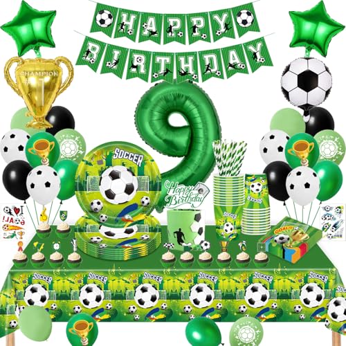 Fussball Geburtstag Deko 9 Jahre, Fussball Partygeschirr Set, Geburtstagsdeko 9 Jahre Junge, Fußball Luftballons Pappteller Tassen Servietten Tischdecke für Party Kindergeburtstag Deko 16 Gäste von TERLUNNSI