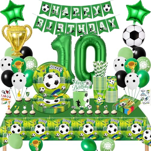 Fussball Geburtstag Deko 9 Jahre, Fussball Partygeschirr Set, Geburtstagsdeko 9 Jahre Junge, Fußball Luftballons Pappteller Tassen Servietten Tischdecke für Party Kindergeburtstag Deko 16 Gäste von TERLUNNSI