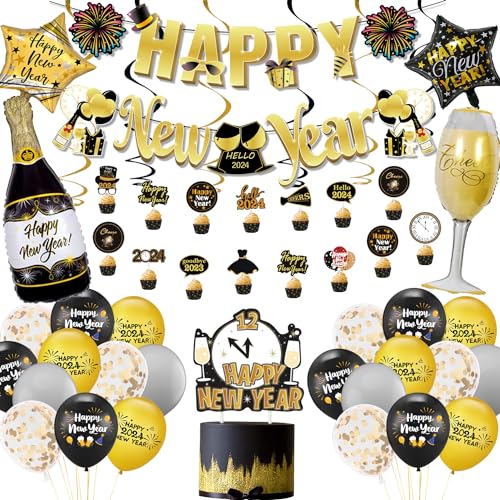 Silvester Deko 2025, Happy New Year Deko Banner, Schwarz Gold Luftballons Deko Silvester Party Set, Konfetti Ballon, Neujahrs Silvester Tischdeko, Neujahrsballons von TERLUNNSI